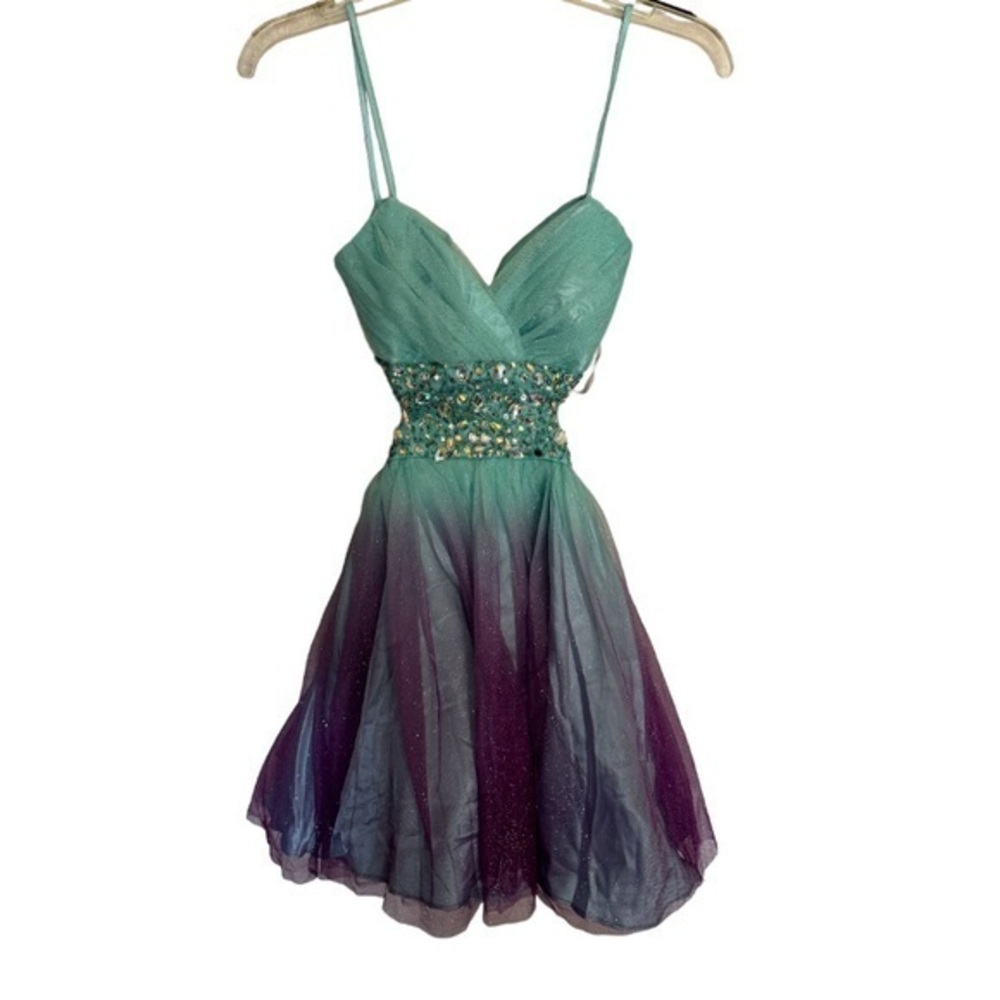 DEB sexy backless mini metallic jeweled party prom dress purple teal size 5